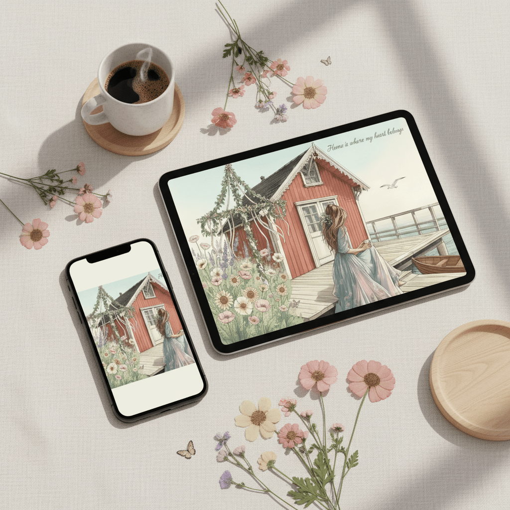Home is Where My Heart Belongs on iPad in Nordic interior - printable Swedish midsummer card