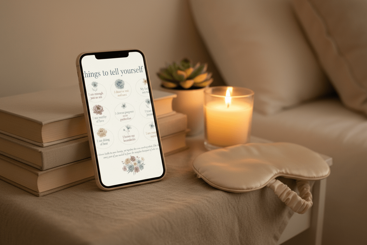9 affirmations digital card on phone screensaver - self-love and kindness reminders