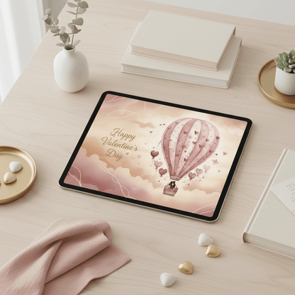 Valentine's Day digital card displayed on tablet in minimalist Nordic workspace with eucalyptus and gold accents - instant download romantic greeting card
