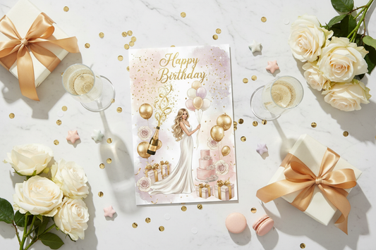 Flat lay birthday card mockup with champagne glasses, roses and gold confetti on marble