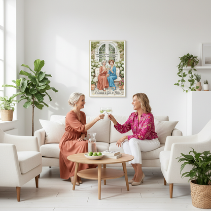 Two women toasting with gin and tonic under framed birthday card on wall