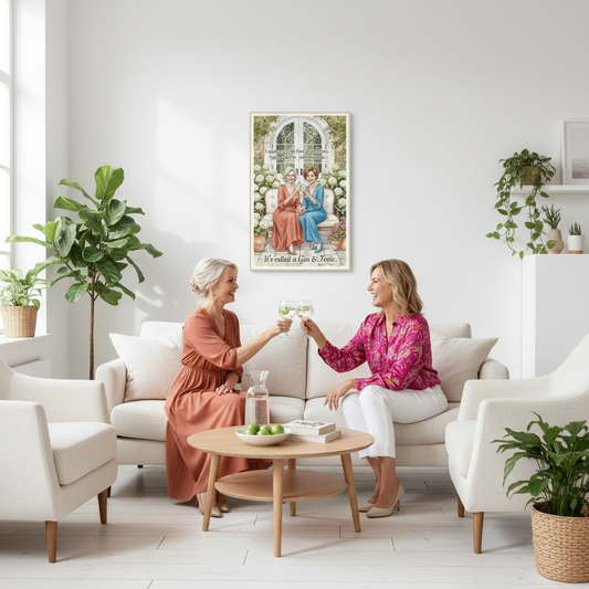 Two women toasting with gin and tonic under framed birthday card on wall
