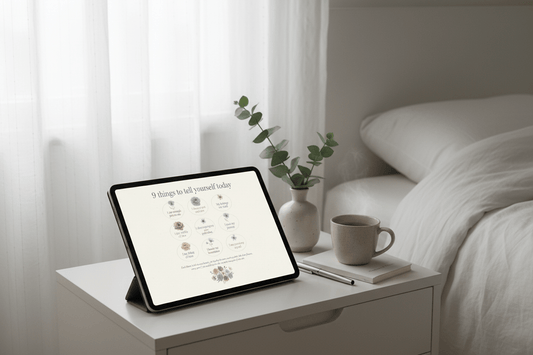 9 self-love affirmations card with Nordic watercolor flowers - daily self-care reminders