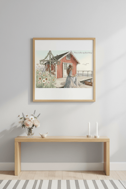 Swedish cottage and midsummer scene framed on wall - Scandinavian home decor wall art