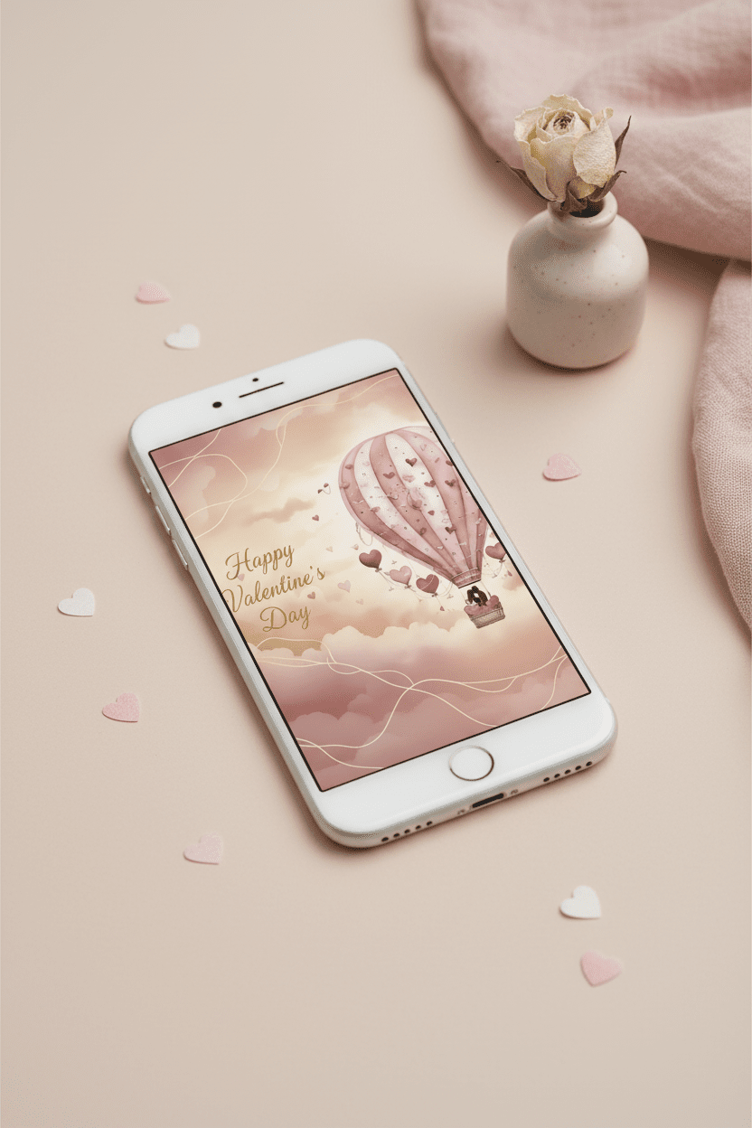 Valentine's Day digital card displayed on smartphone screen showing pink hot air balloon design - instant download greeting card for mobile sharing