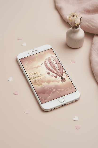 Valentine's Day digital card displayed on smartphone screen showing pink hot air balloon design - instant download greeting card for mobile sharing