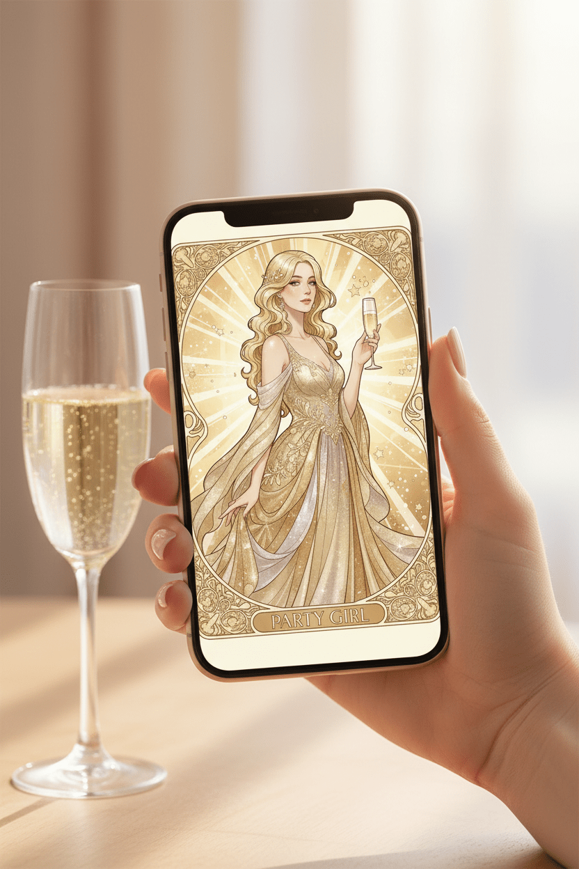 Party Girl Art Nouveau card on iPhone – instant download digital greeting