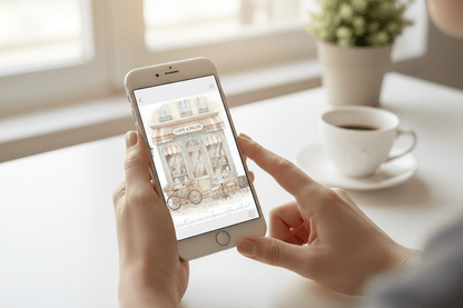 Café kärlek card on iPad in cozy setting - printable Nordic café invitation