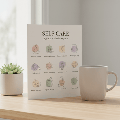 Self care reminder framed on bathroom wall - daily wellness affirmation in pastels
