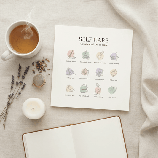 Self care isn't selfish card in soft pastel tones - minimalist wellness reminder