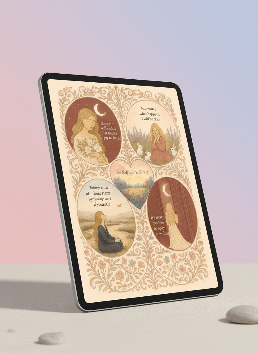 5 self-care affirmations on iPad - circular design for mindfulness and wellbeing