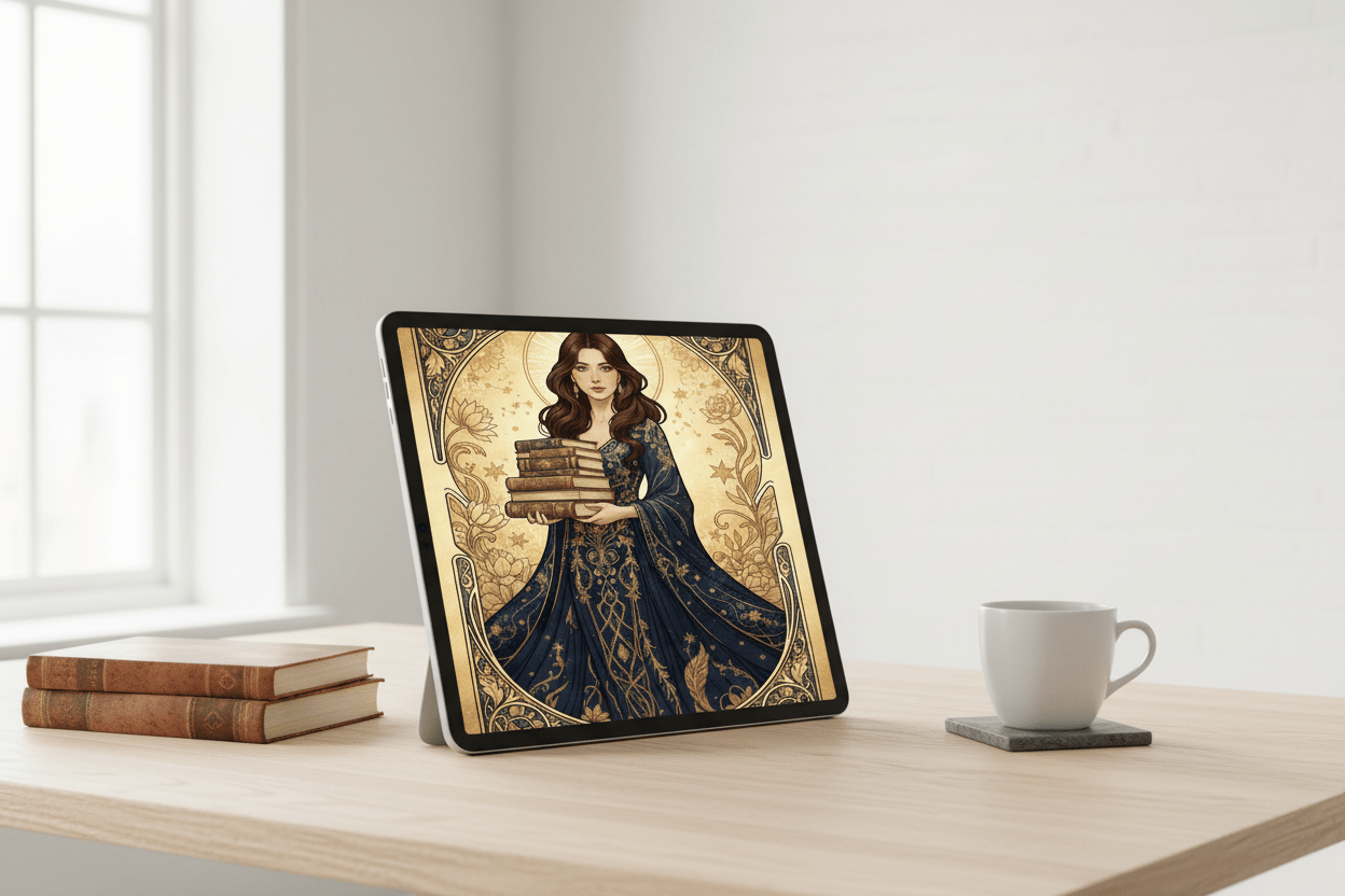 Book Girl – Art Nouveau digital card on iPad, elegant illustrated gift for book lovers, instant download