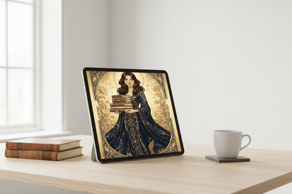 Book Girl – Art Nouveau digital card on iPad, elegant illustrated gift for book lovers, instant download