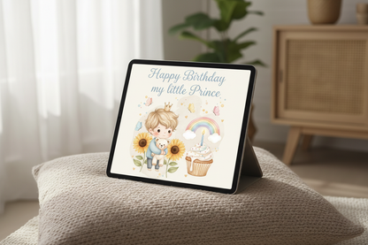 Digital prince birthday card on iPad - instant download with sunflowers and cupcake