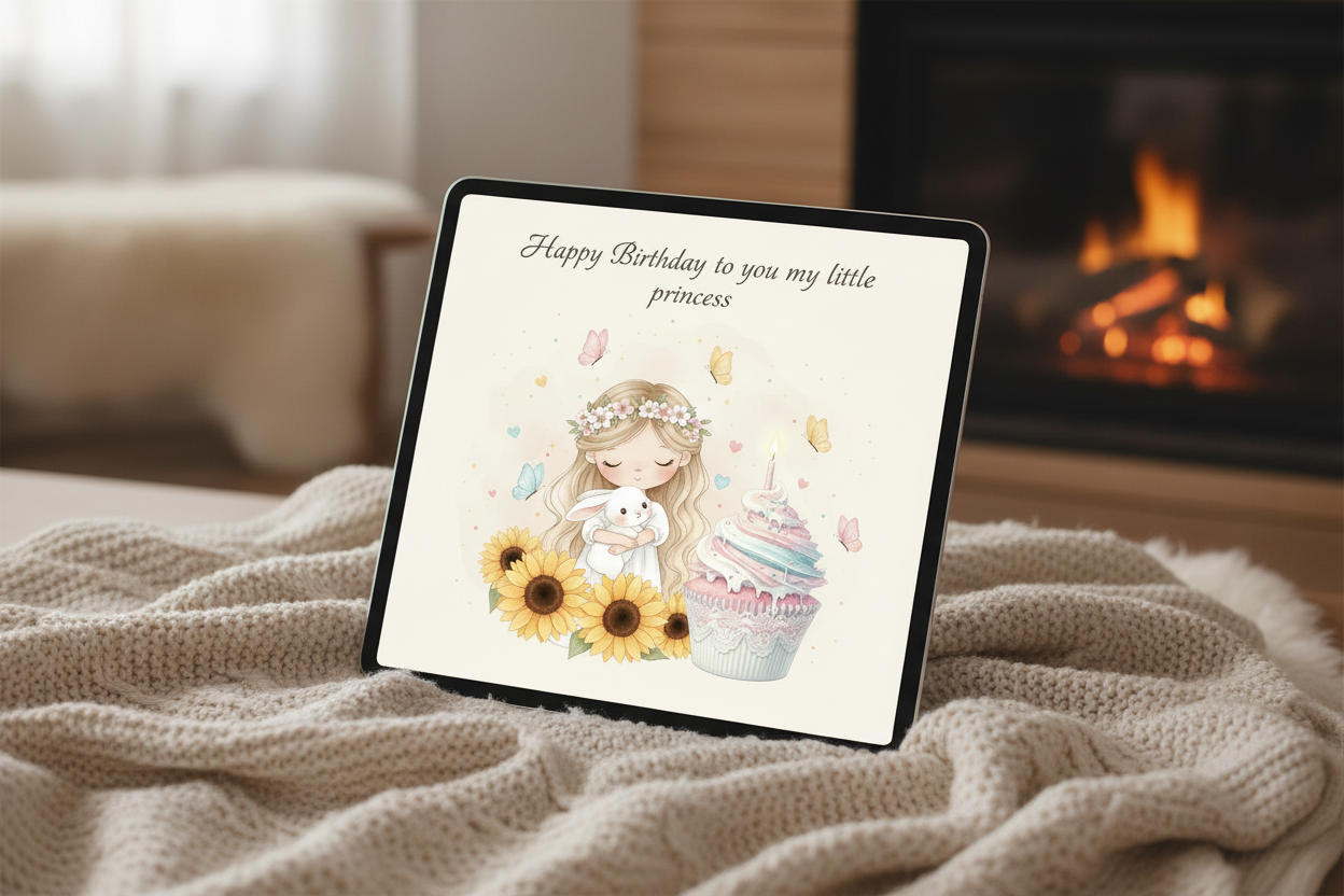 Digital princess birthday card on iPad - instant download for daughter's birthday