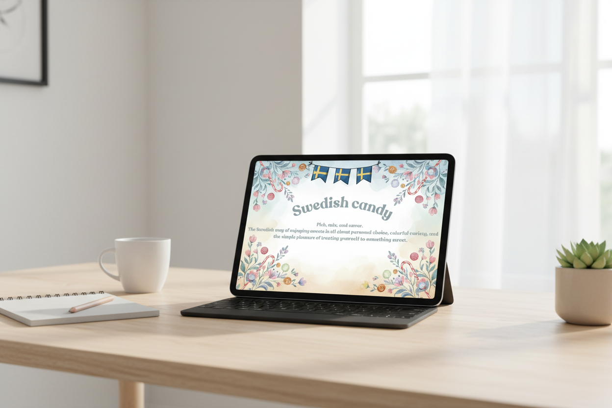 Swedish candy design on iPad with Scandinavian workspace - lösgodis digital download instant print