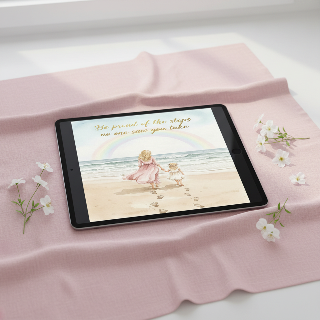 Be Proud of the Steps card framed on wall in nursery - mother daughter beach print with footprints in Nordic minimalist interior