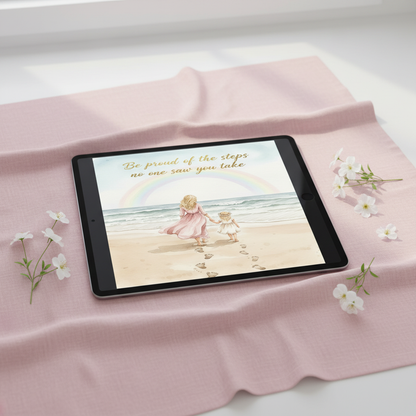 Be Proud of the Steps card framed on wall in nursery - mother daughter beach print with footprints in Nordic minimalist interior