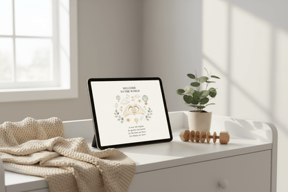 Welcome to the world card on iPad in nursery with baby essentials and pastel decor