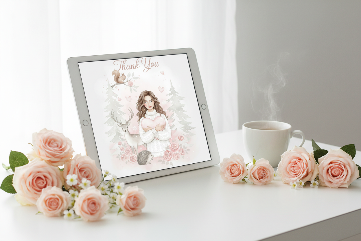 Thank You digital card on iPad with soft pink styling - printable gratitude card
