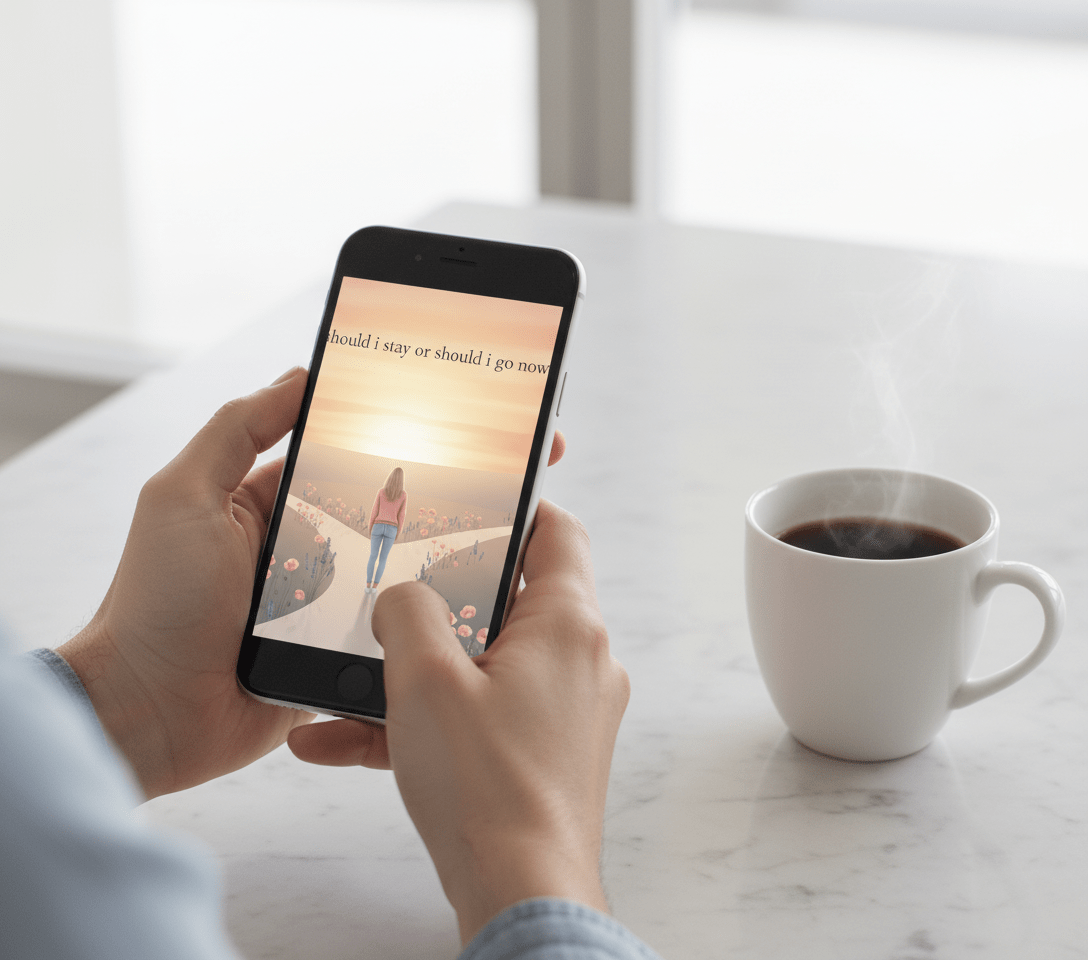 Digital greeting card displayed on iPhone screen - Should I Stay or Should I Go Now motivational message