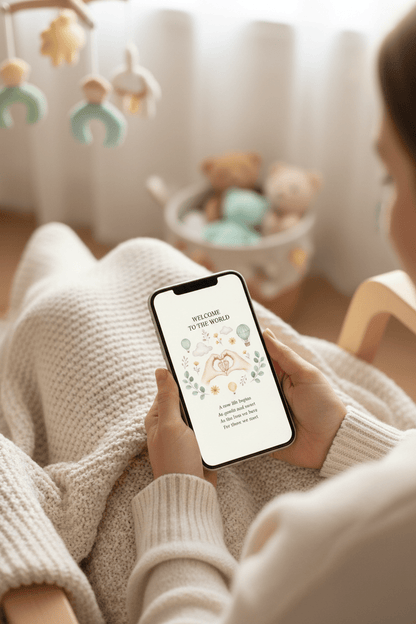 Digital newborn greeting card displayed on iPhone in lifestyle setting with soft lighting