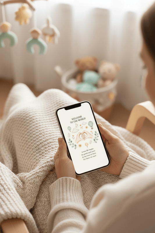 Digital newborn greeting card displayed on iPhone in lifestyle setting with soft lighting