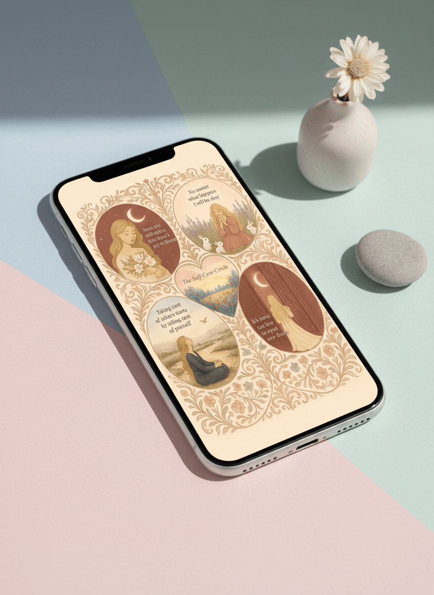 Self-care circle card on iPhone - daily affirmation reminders in elegant circle