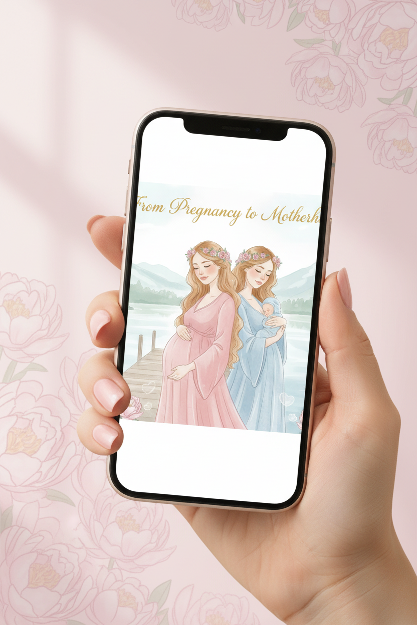 From Pregnancy to Motherhood digital greeting card shown on iPhone screen held in hand with pink nail polish, pastel background with flowers