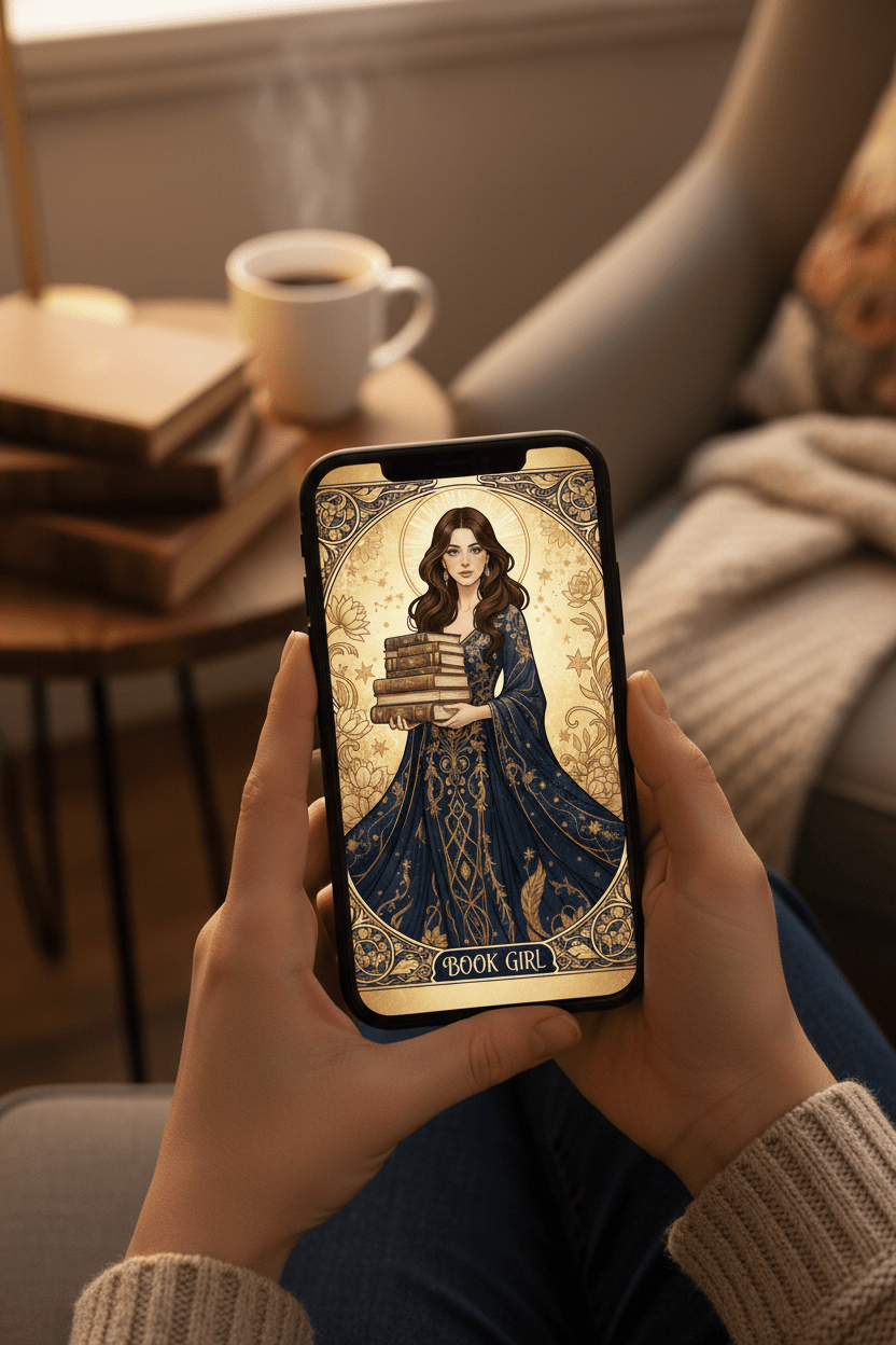 Book Girl – Art Nouveau digital greeting card displayed on phone screen, instant download