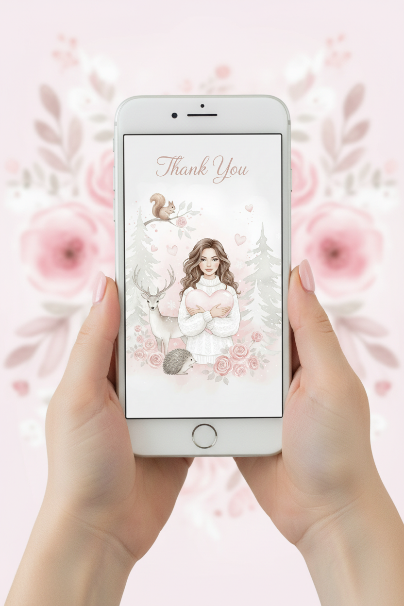 Thank You card displayed on iPhone screen with pastel styling - instant download gratitude card