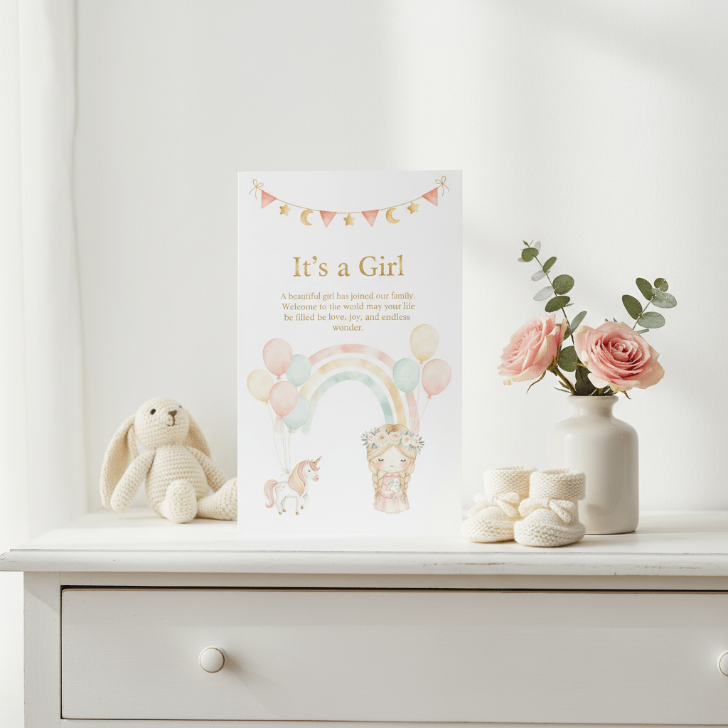 Baby girl card in nursery setting with soft decor