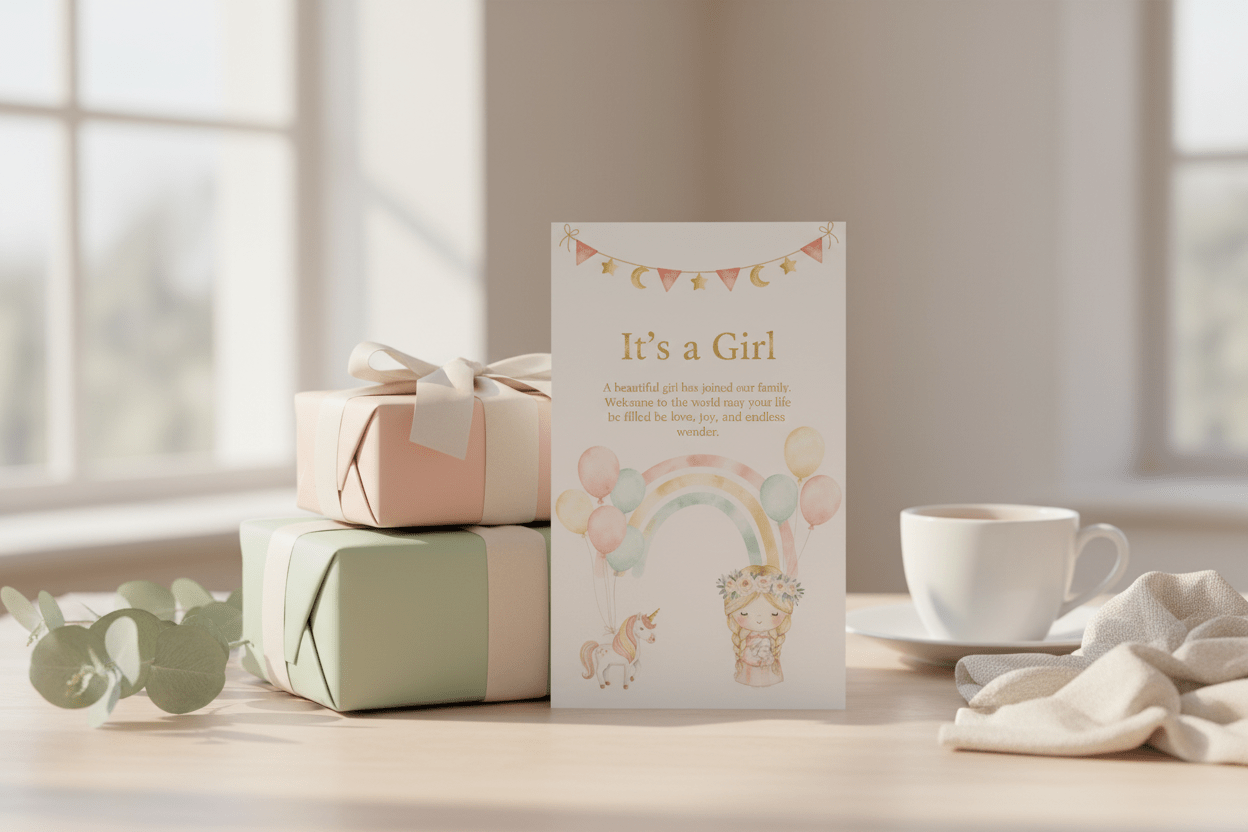 Baby girl card with gift wrapping and ribbon scene