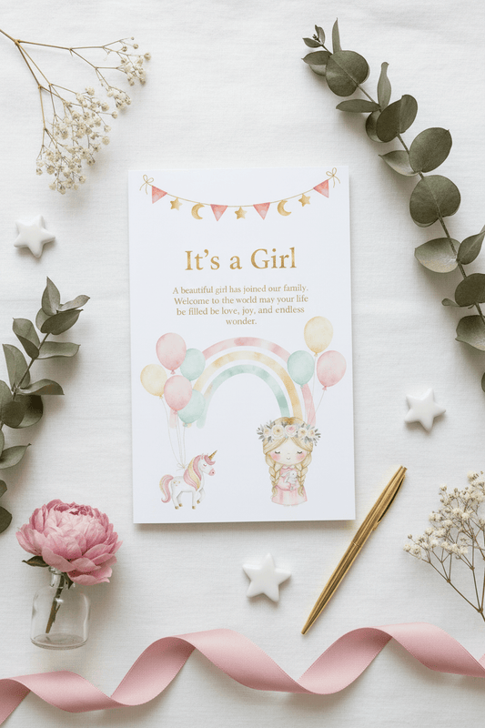 Baby girl birth announcement card in pastel pink flat lay