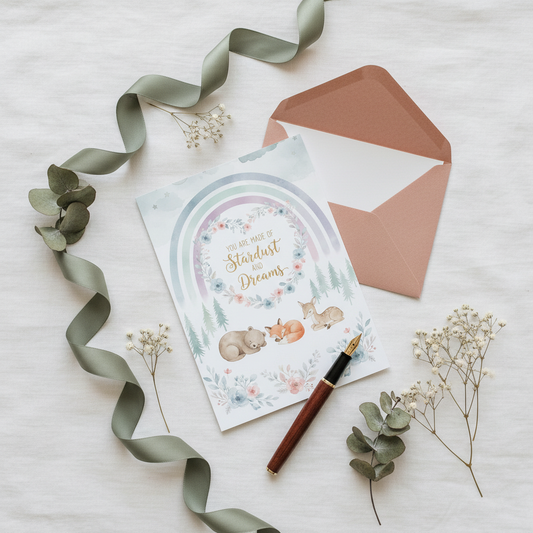 Newborn baby card with sleeping woodland animals under pastel rainbow - You Are Made of Stardust and Dreams digital greeting card