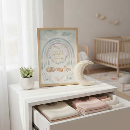 Stardust and Dreams baby print in wooden frame on white nursery shelf with succulent and white crib - Scandinavian nursery wall art decor