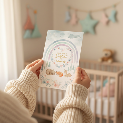 Stardust and Dreams baby card on MacBook in Nordic nursery setting - printable digital newborn card