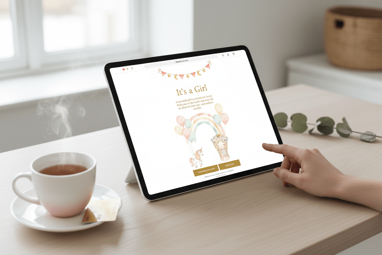Digital baby girl announcement on iPad ordering screen
