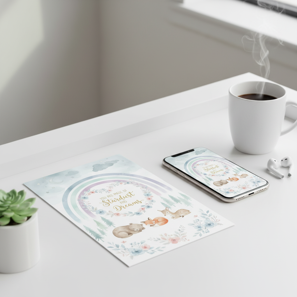 Newborn card framed in Scandinavian nursery with white crib - Nordic pastel baby room wall art