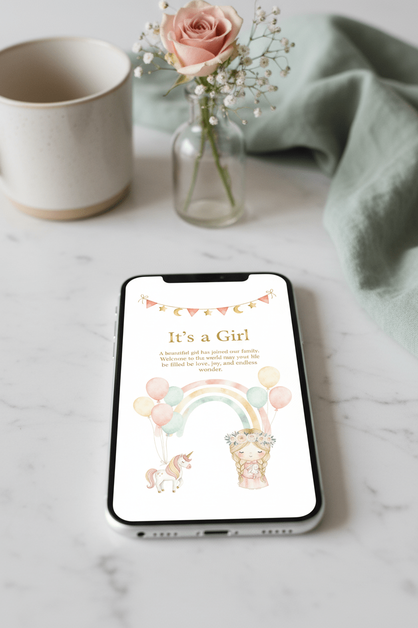 It's a girl card displayed on iPhone in lifestyle setting