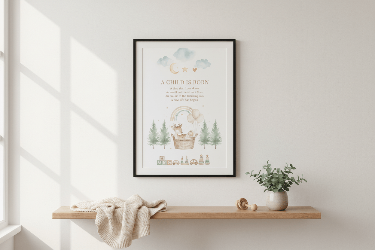 Newborn celebration card framed on wall in Scandinavian nursery with soft pastel tones