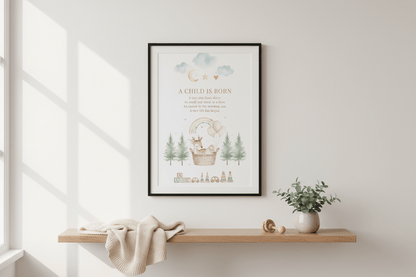 Newborn celebration card framed on wall in Scandinavian nursery with soft pastel tones