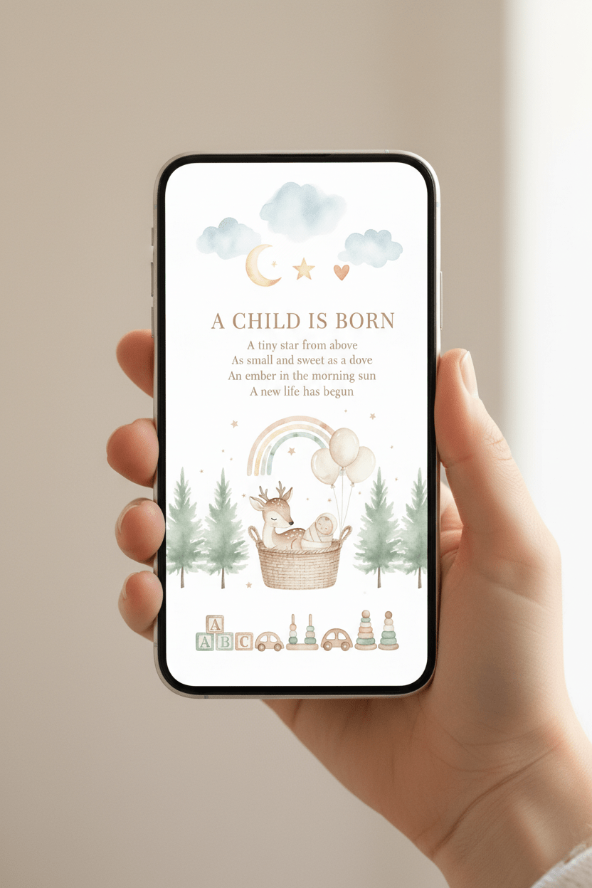 Digital baby announcement displayed on mobile phone - A child is born greeting card