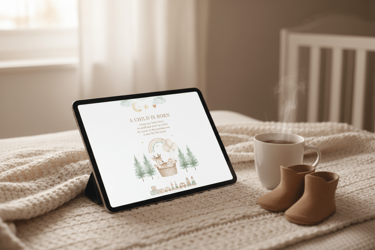 A child is born card shown on tablet in Nordic baby shower setting