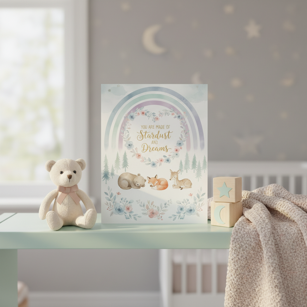 You Are Made of Stardust and Dreams print on nursery shelf with teddy bear and baby blanket - Nordic pastel baby room decoration