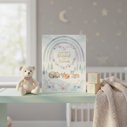 You Are Made of Stardust and Dreams print on nursery shelf with teddy bear and baby blanket - Nordic pastel baby room decoration