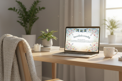 Swedish candy print on MacBook in Nordic home office - lösgodis digital art with Swedish flags and candy illustration