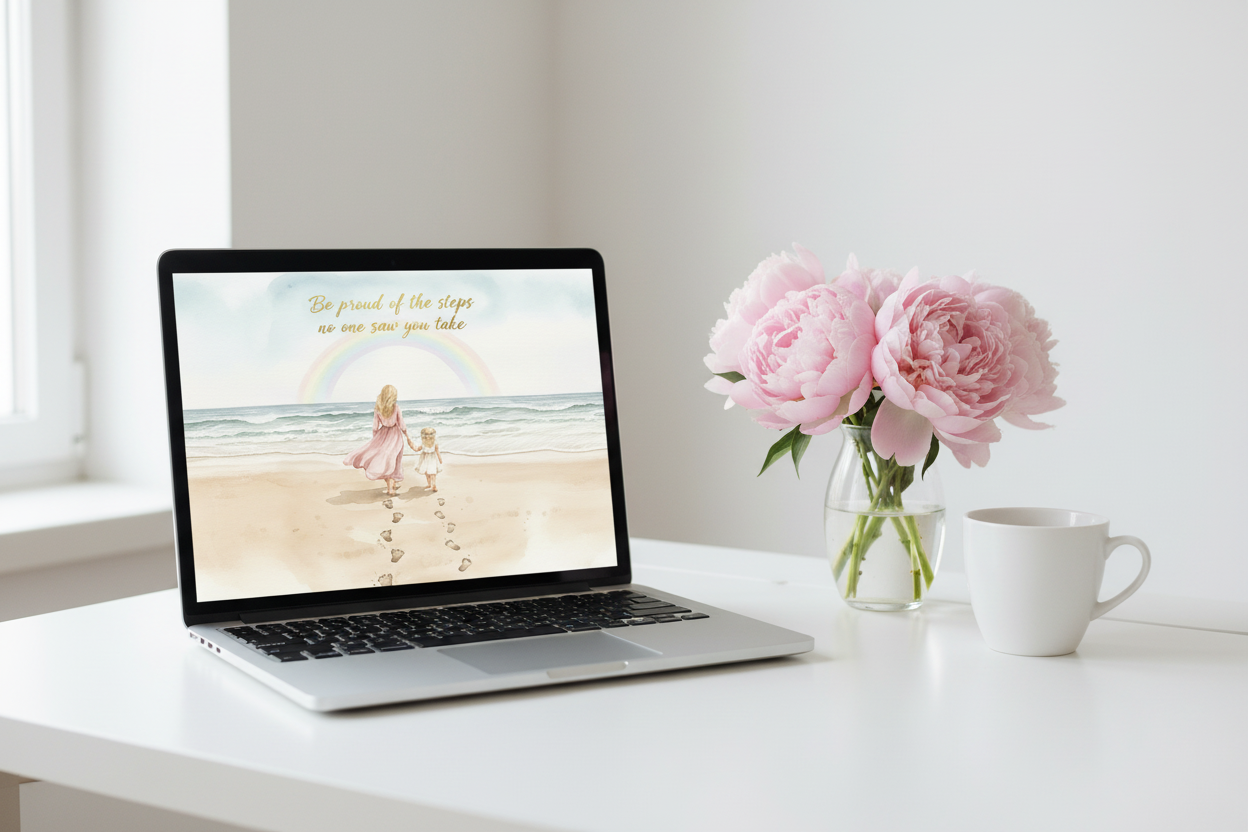 Be Proud of the Steps card shown on iPad tablet with soft pink linen and white flowers - digital greeting card mockup