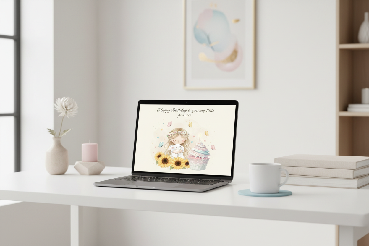 Happy birthday princess greeting on MacBook - printable birthday card for granddaughter