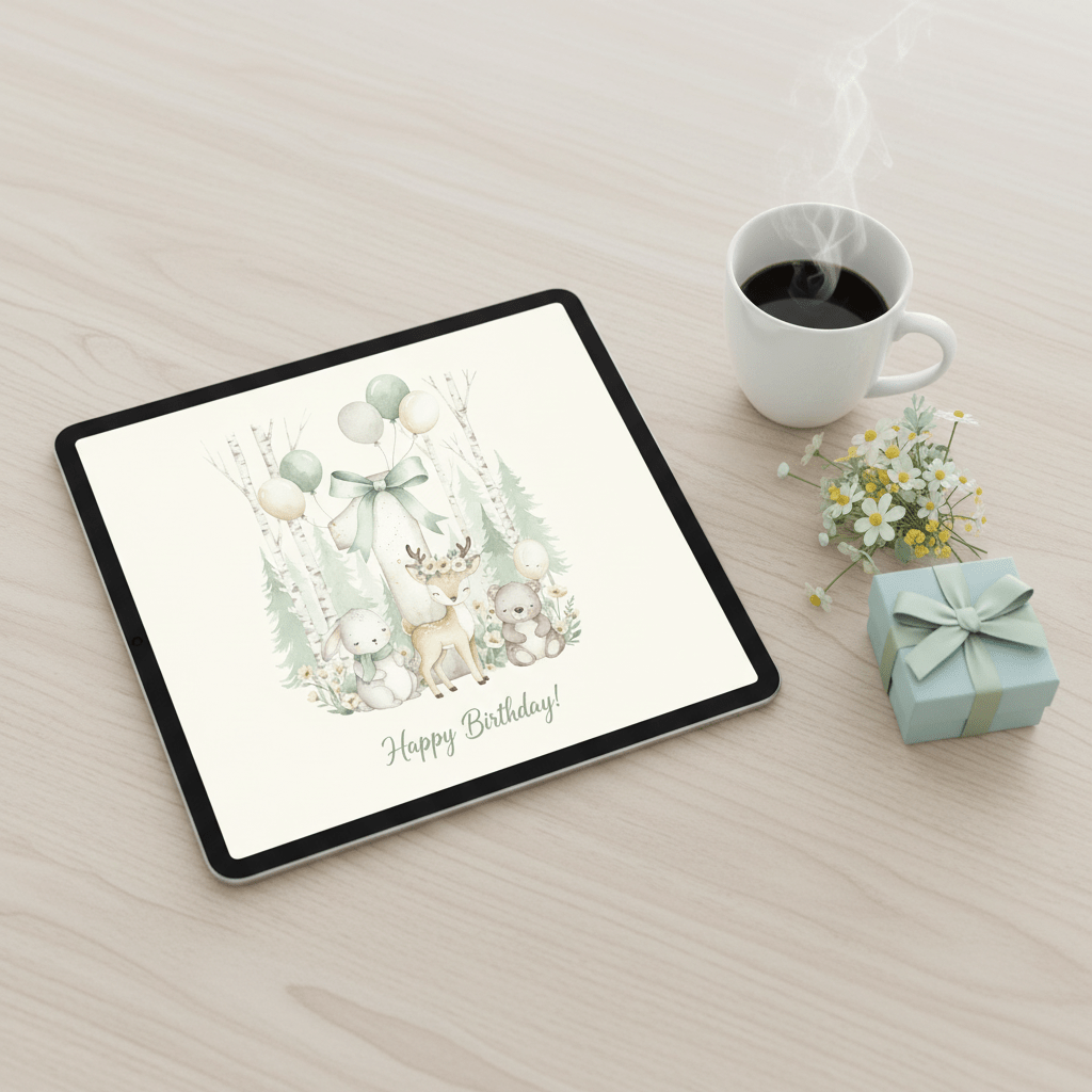 Happy Birthday Card Age 1 – Digital birthday card with deer and forest animals displayed on iPad